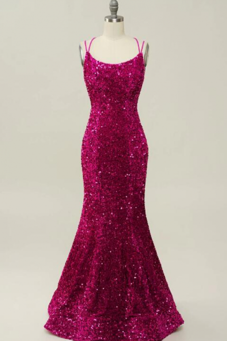 Prom Dresses, Hot Pink Sequin Spaghetti Straps Mermaid Prom Dress