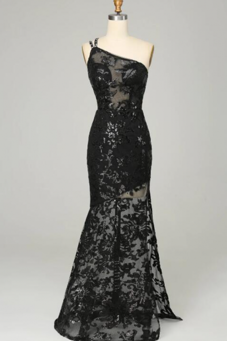 Prom Dresses,sheath One Shoulder Backless Black Lace Long