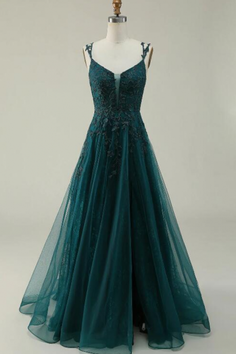 Prom Dresses,a Line Spaghetti Straps Dark Green Long Prom Dress With Appliques