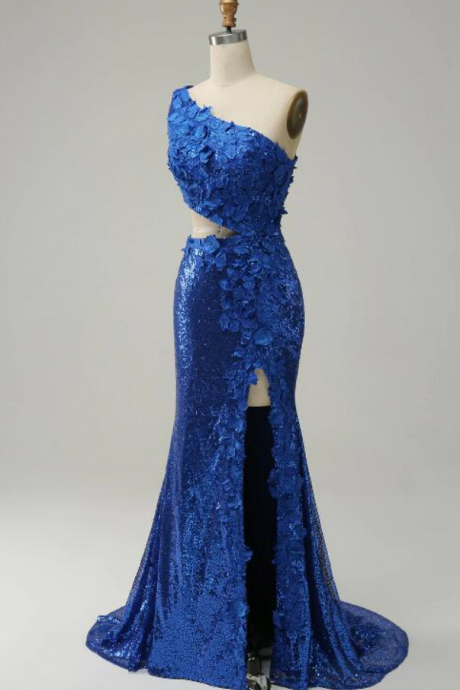 Prom Dresses,mermaid One Shoulder Royal Blue Sequins Cut Out Prom Dress