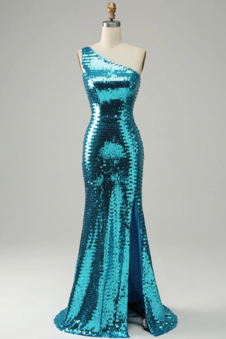 Prom Dresses,sparkly Blue Sequins One Shoulder Long Prom Dress