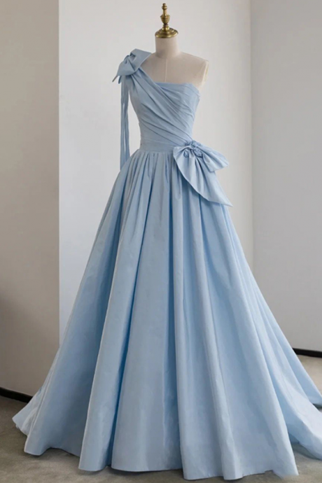 Prom Dresses,blue Satin One Shoulder Long Party Dress With Bow