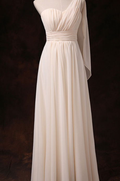 Prom Dresses, One Shoulder Good Quality Champagne Color Chiffon Party