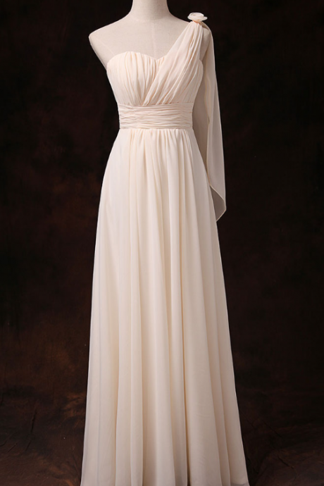 Prom Dresses,one Shoulder Good Quality Champagne Color Chiffon Party