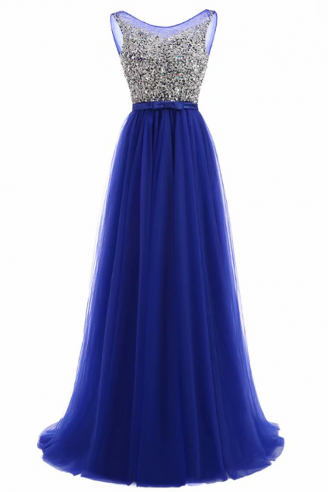 Prom Dresses,royal Blue Prom Dresses Tulle Wedding Party Gowns With Sheer Neck Long A Line Formal Evening Dress