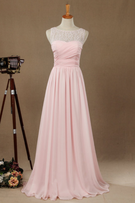 Prom Dresses,sexy Pink Evening Dresses With Lace Bodice Sheer Neck Chiffon Prom Party Dress