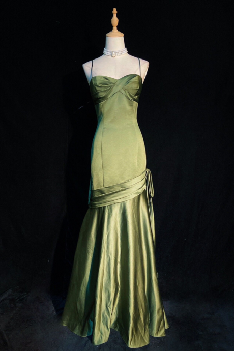 Prom Dresses,green Satin Long Straps Floor Length Party Dress