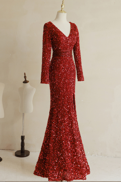 Prom Dresses,wine Red Sequins Mermaid Long Formal Dress