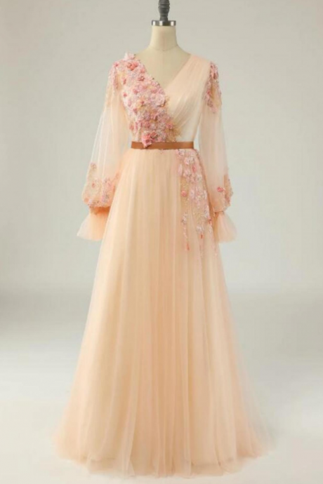 Prom Dresses,elegant A Line V Neck Apricot Long Prom Dress With Appliques