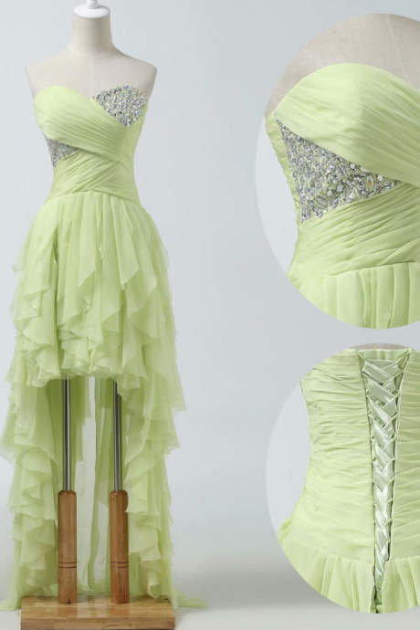 Homecoming Dresses,long Mint Green High Low Formal Dresses Featuring Rhinestone Beaded Bodice With Sweetheart Neckline