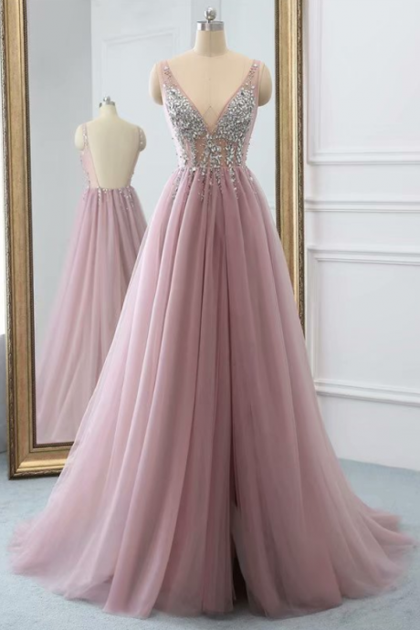 Prom Dresses,blush Pink Tulle Prom Dress Beaded V Neck Long Backless Women Party Dress，long Prom Dresses