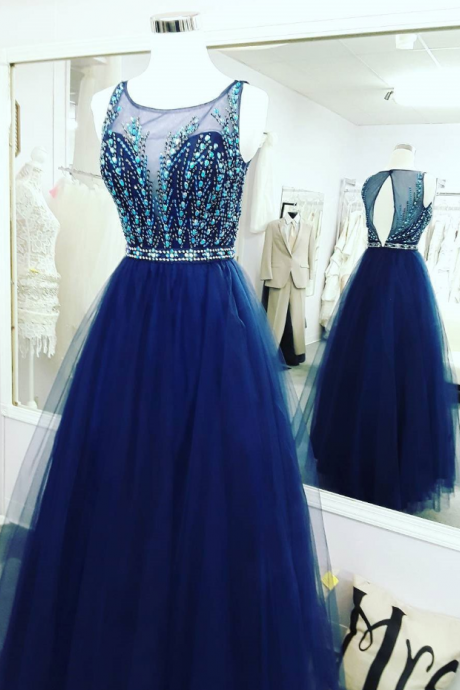 Prom Dresses,royal Blue Tulle Beaded Long Prom Dress,sleeveless Prom Dress With Illusion Neck