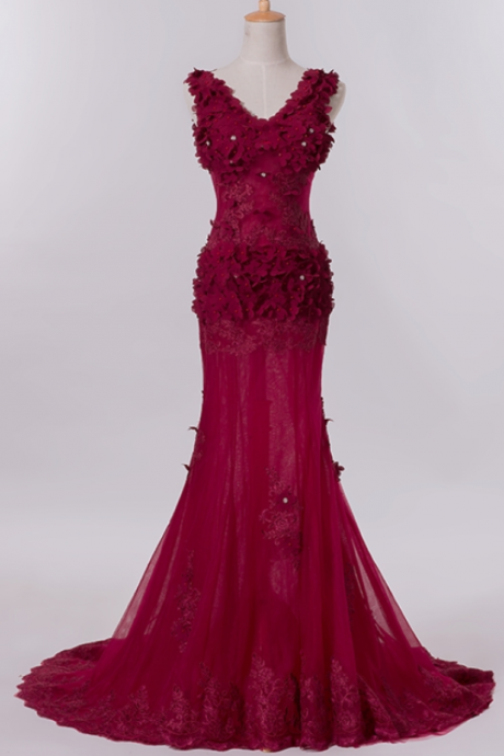 Prom Dresses,burgundy Floral Appliqués Plunge V Sleeveless Floor Length Mermaid Formal Dress
