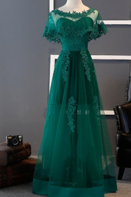 Prom Dresses,charming Green A-line Lace Tulle Prom Dress Elegant Evening Dress