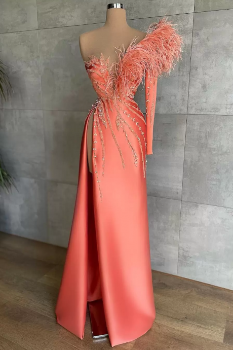Prom Dresses,feather Decor One Shoulder Red Carpet Sexy Evening Gown With High Split Formal Wear Prom Dress