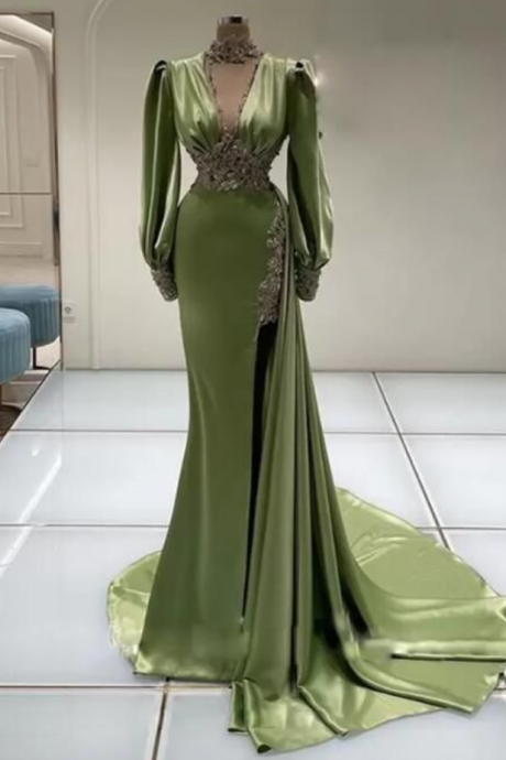 Prom Dresses,high Neck Green Evening Dresses Crystal Split Side Train Celebrity Mermaid Long Prom Dress