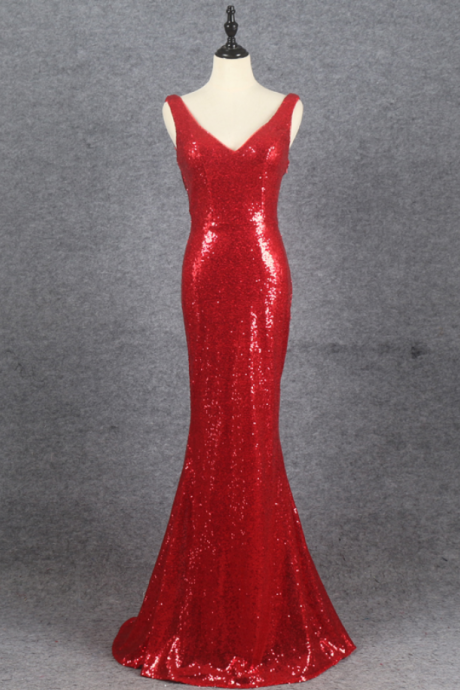 Prom Dresses,red Sequins Mermaid Low Back Long Evening Dress Party Dress