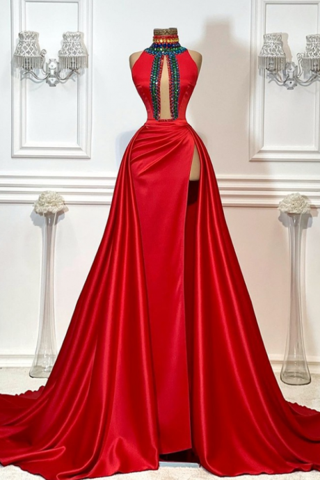 Prom Dresses,high Neck Red Pageant Dresses Long Evening Gowns
