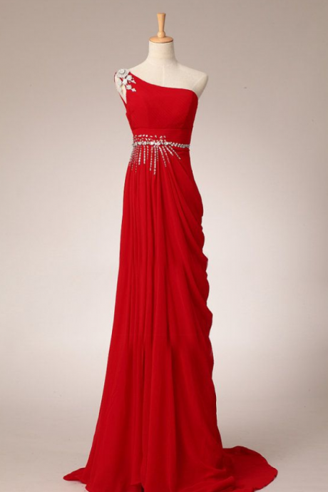 Prom Dresses,pretty Elegant Red One-shoulder Prom Dress With Beadings, Simple Red Prom Dresses