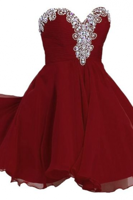 Homecoming Dresses, Burgundy Crystal Embellished Sweetheart Short Chiffon Homecoming Dress, Formal Dress