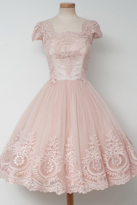 Homecoming Dresses,vintage Knee-length Homecoming Dress,a-line ,lace,pearl Pink Homecoming Dress