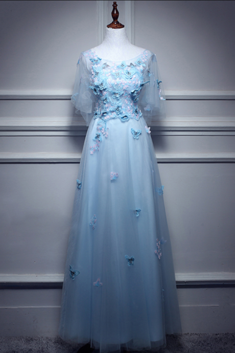Prom Dresses,2023 Princess Scoop Neck Appliques Floor Length Prom Dresses