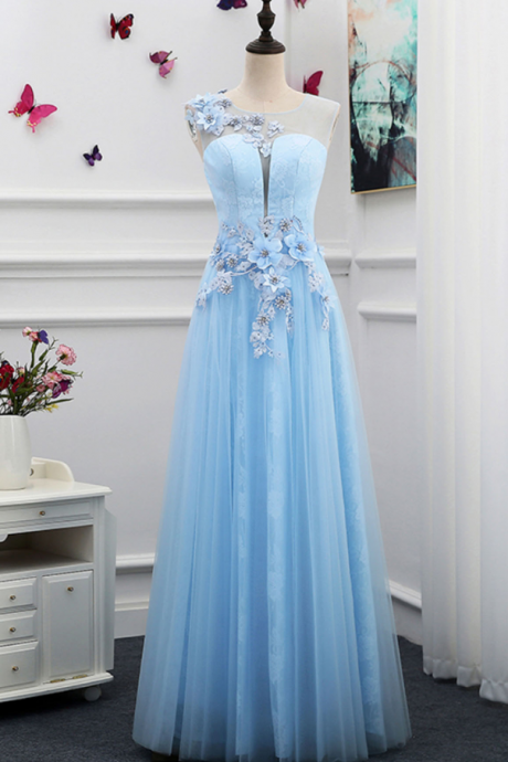 Prom Dresses, A-line Princess Scoop Neck Appliques Sleeveless Floor Length