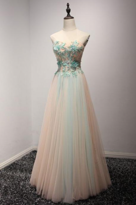 Prom Dresses,a-line Princess Sweetheart Neck Tulle Prom Dresses With Blue Appliques, Floor Length Prom Dresses