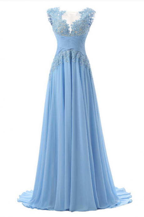Prom Dresses,blue Chiffon With Lace Appliqued Prom Dress,long Formal Party Dress