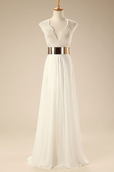 Prom Dresses,a-line White Long Prom Dresses,beaded Bodice Gold Sash Beach Wedding Dresses