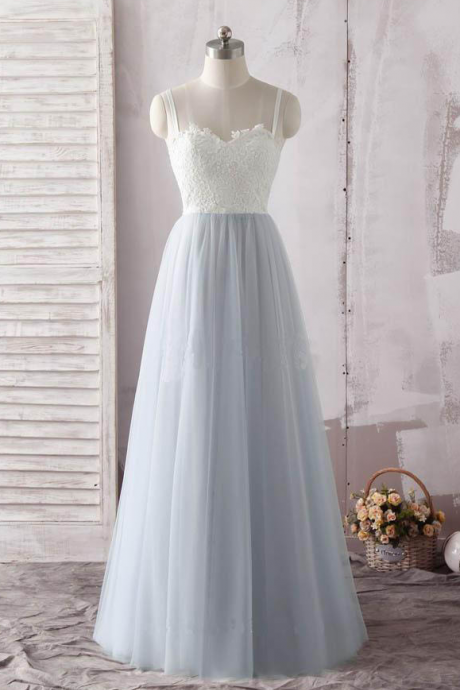 Prom Dresses,floor Length Simple Straps Sweetheart Tulle Prom Dress With Ivory Lace
