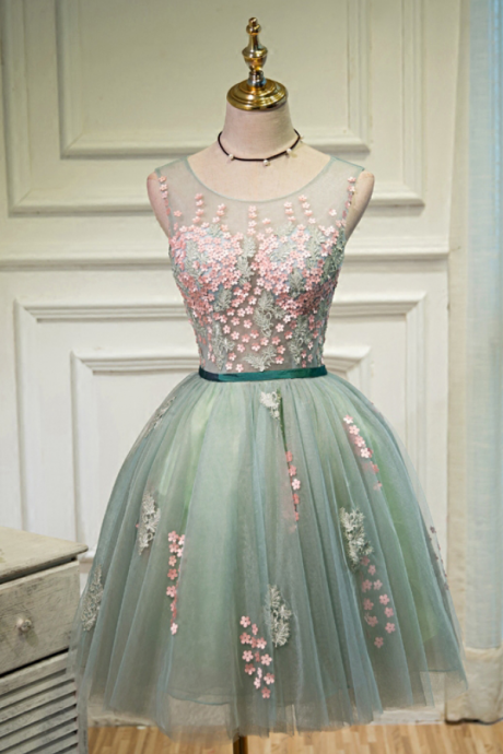 Homecoming Dresses,with Flowers,sleeveless Open-back Short Homecoming Dress With Appliques,tulle Party Dress