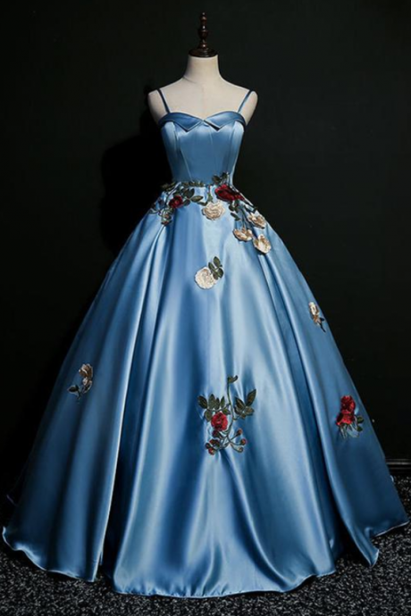 Prom Dresses,blue Satin Spaghetti Strap Gown For Women Flower Evening Dress Host Dress Vintage Backless Dress Sexy Satin Formal Dress