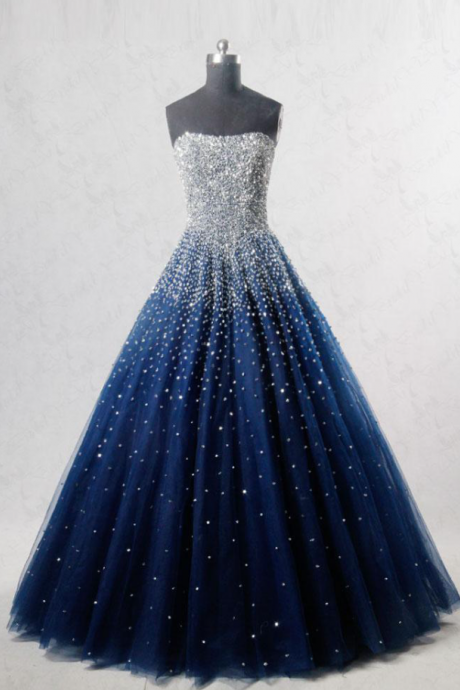 Prom Dresses,sparkly Blue Strapless Tulle Prom Dress With Beading, Princess Sleeveless Lace Up Evening Gown