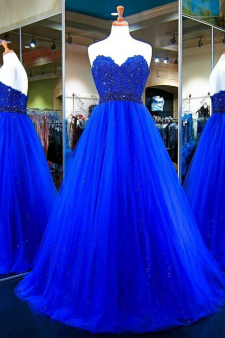 Prom Dresses,long Prom Dress,tulle Ball Gowns,royal Blue Evening Dress,sweetheart Prom Gowns, Royal Blue Beaded Long Prom Dresses