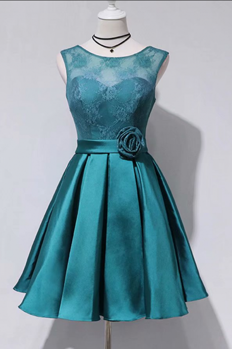 Homecoming Dresses,a-line Lace Short Length Empire Teal Green Satin Bridesmaid Dress With Flower