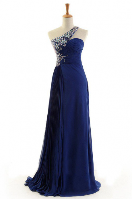 Prom Dresses,royal Blue One-shoulder A-line Chiffon Long Prom Dress With Beaded Embellishment