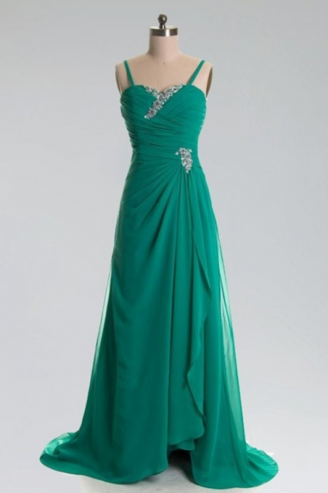 Prom Dresses,dark Green Spaghetti Straps Chiffon A Line Beaded Prom Dresses