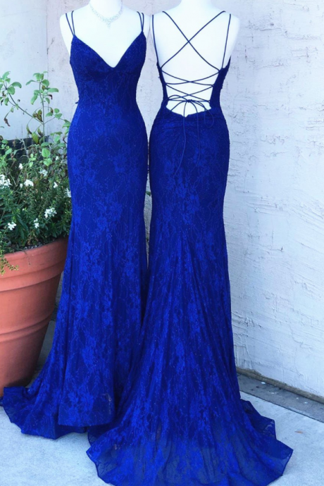 Prom Dresses,royal Blue Lace Mermaid Prom Dress Backless Formal Evening Gown