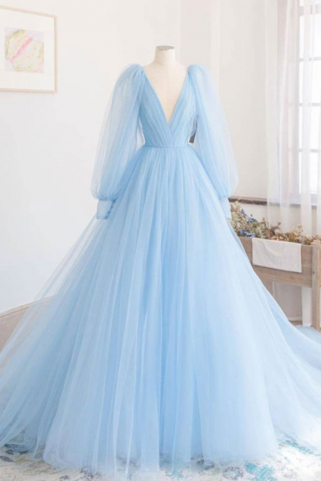 Prom Dresses,fairy Light Bluetulle Princess Prom Dress Long Sleeves Formal Evening Gown