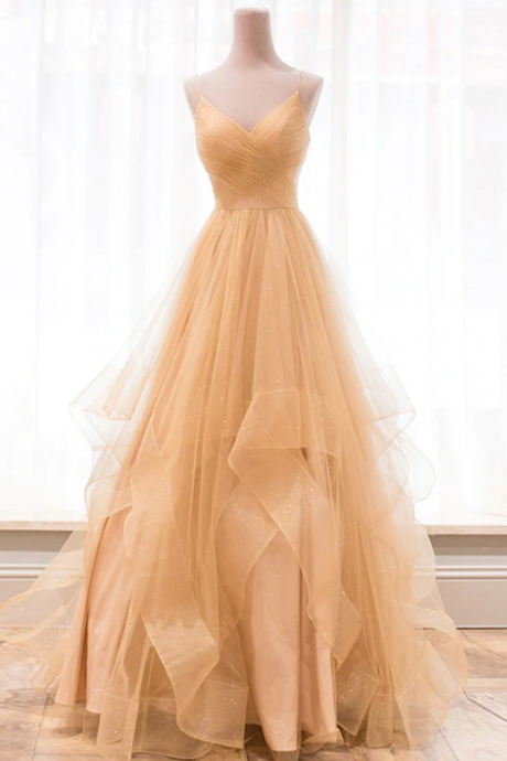 Prom Dresses,champagne Princess Tulle Prom Dress Long Formal Evening Gown