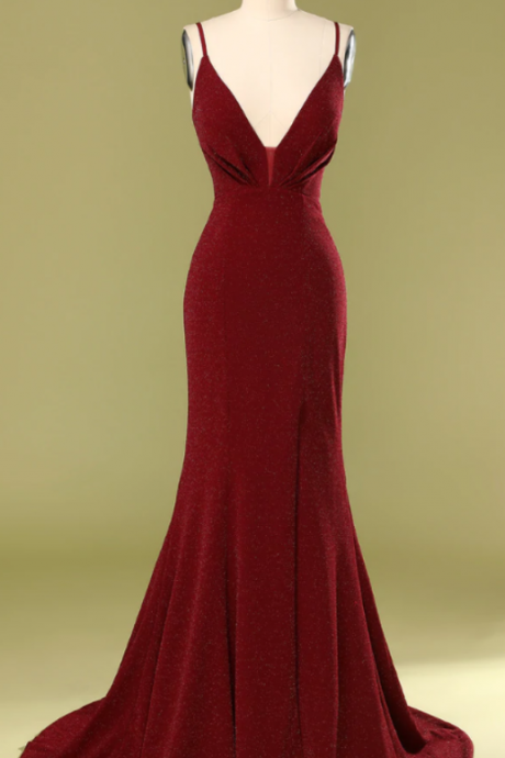 Prom Dresses,burgundy Mermaid V-neck Prom Dress Elegant Formal Evening Gown