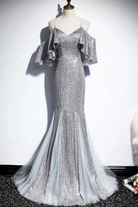 Prom Dresses,silver Glitter Sequins Mermaid Prom Dress Elegant Formal Evening Gown