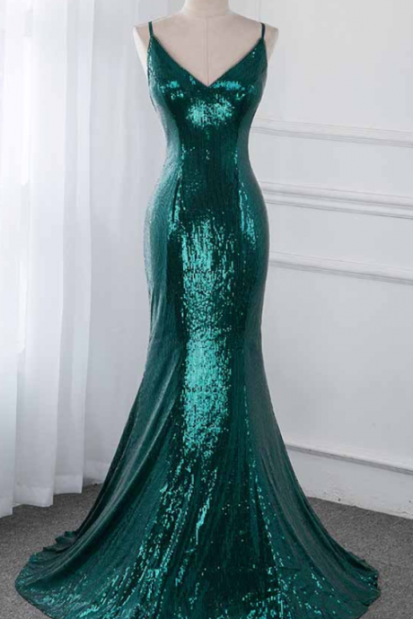 Prom Dresses,glitter Dark Green Mermaid Sequins Prom Gown Elegant Formal Evening Gown