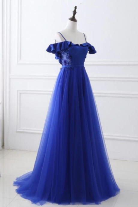Prom Dresses,women A-line Royal Blue Tulle Satin Formal Evening Dress Elegant With Spaghetti Straps Open Back Sexy Prom Gown