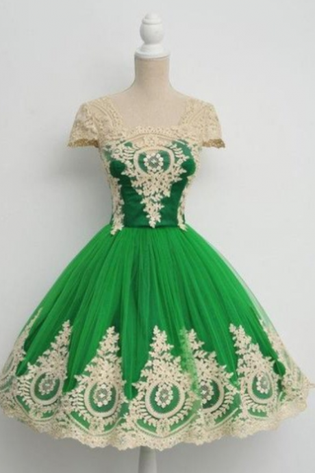 Homecoming Dresses,green Prom Dress With Champagne Appliques,prom Dress Short,homecoming Gown,tulle Prom Dress