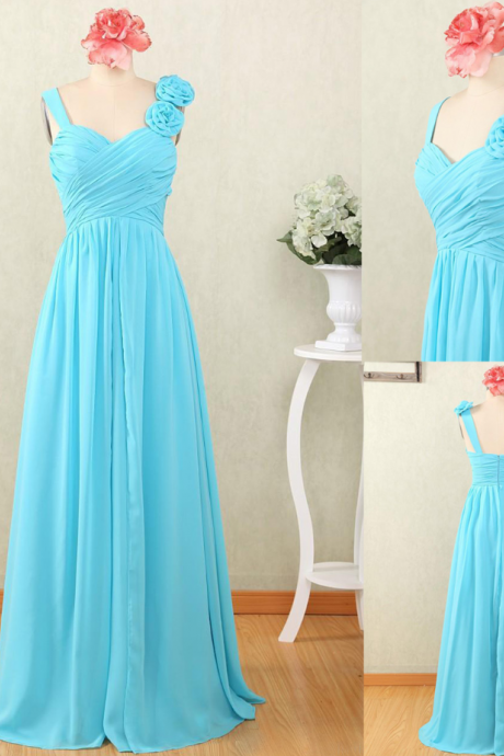 Prom Dresses,sky Blue Spaghetti Straps Prom Dresses Featuring Floral Shoulder And Ruched Bodice Chiffon Long Formal Evening Gowns,bridesmaid
