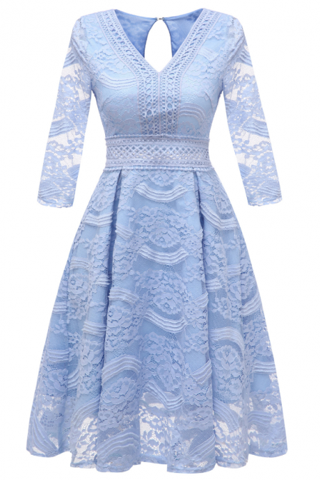 Homecoming Dresses,women Floral Lace Dress V Neck 3/4 Sleeve Slim A-line Casual Wedding Evening Party Dress Water Blue