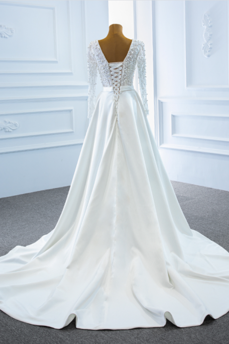 Prom Dresses,long Sleeve V-neck Satin Wedding Dress, Dreamy Temperament Trailing Prom Dress