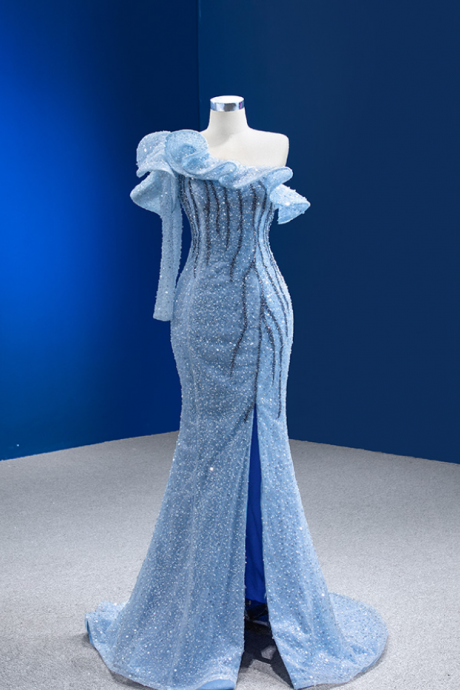 Prom Dresses,light Blue French One Shoulder Slim Fishtail Evening Dress, Formal Party Dress